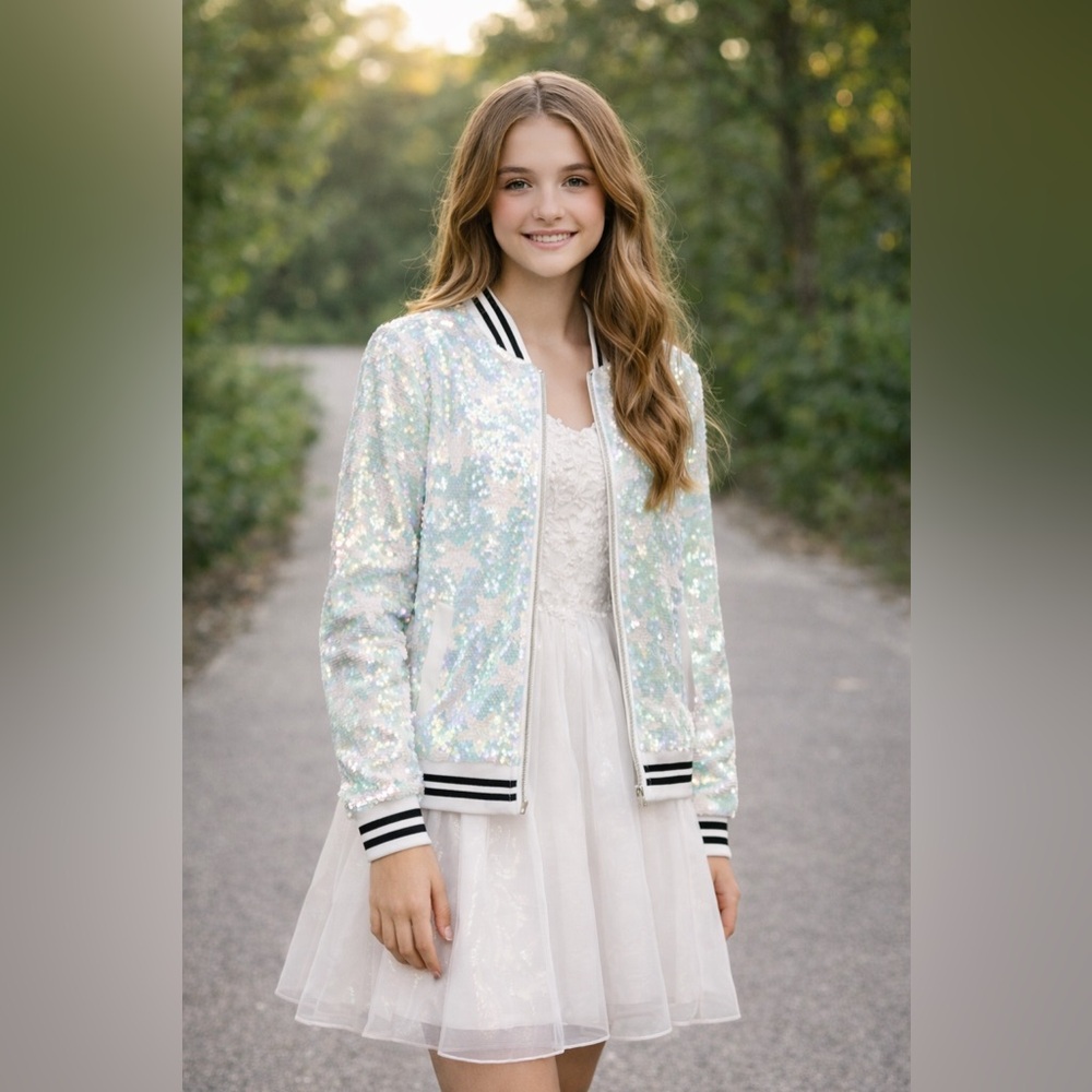 Mia New York Girls size 14 Iridescent Sequins Whie Stars Bomber Jacket Fancy NWT